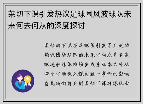 莱切下课引发热议足球圈风波球队未来何去何从的深度探讨