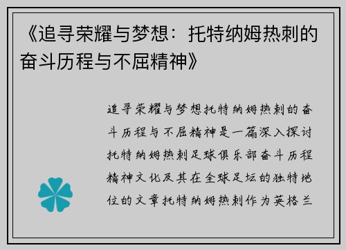 《追寻荣耀与梦想：托特纳姆热刺的奋斗历程与不屈精神》